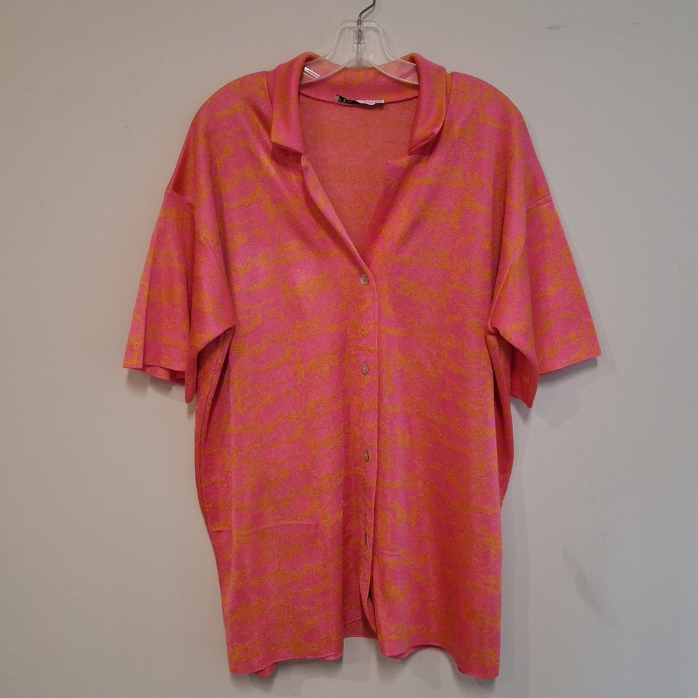 Zara Pink and Orange Knit Short Sleeve Collar Top Baggy Large Slouchy Style
